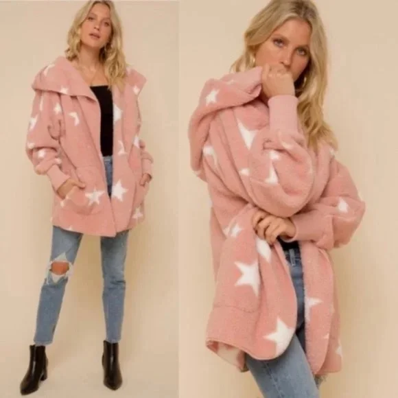 017 Cozy Star Print Teddy oversized hoodie Jacket - Picture 4 of 11